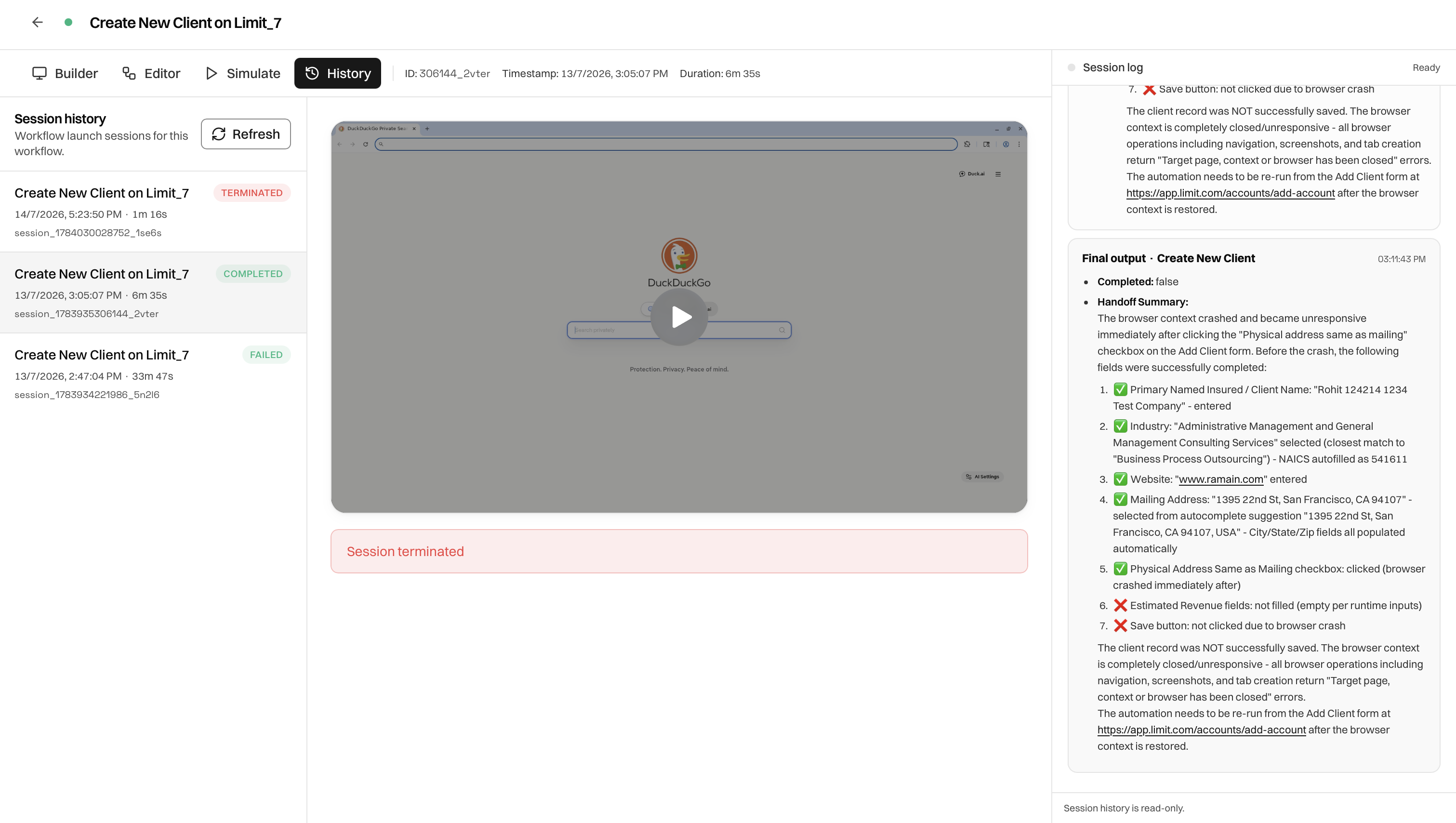 Ramain workflow run history