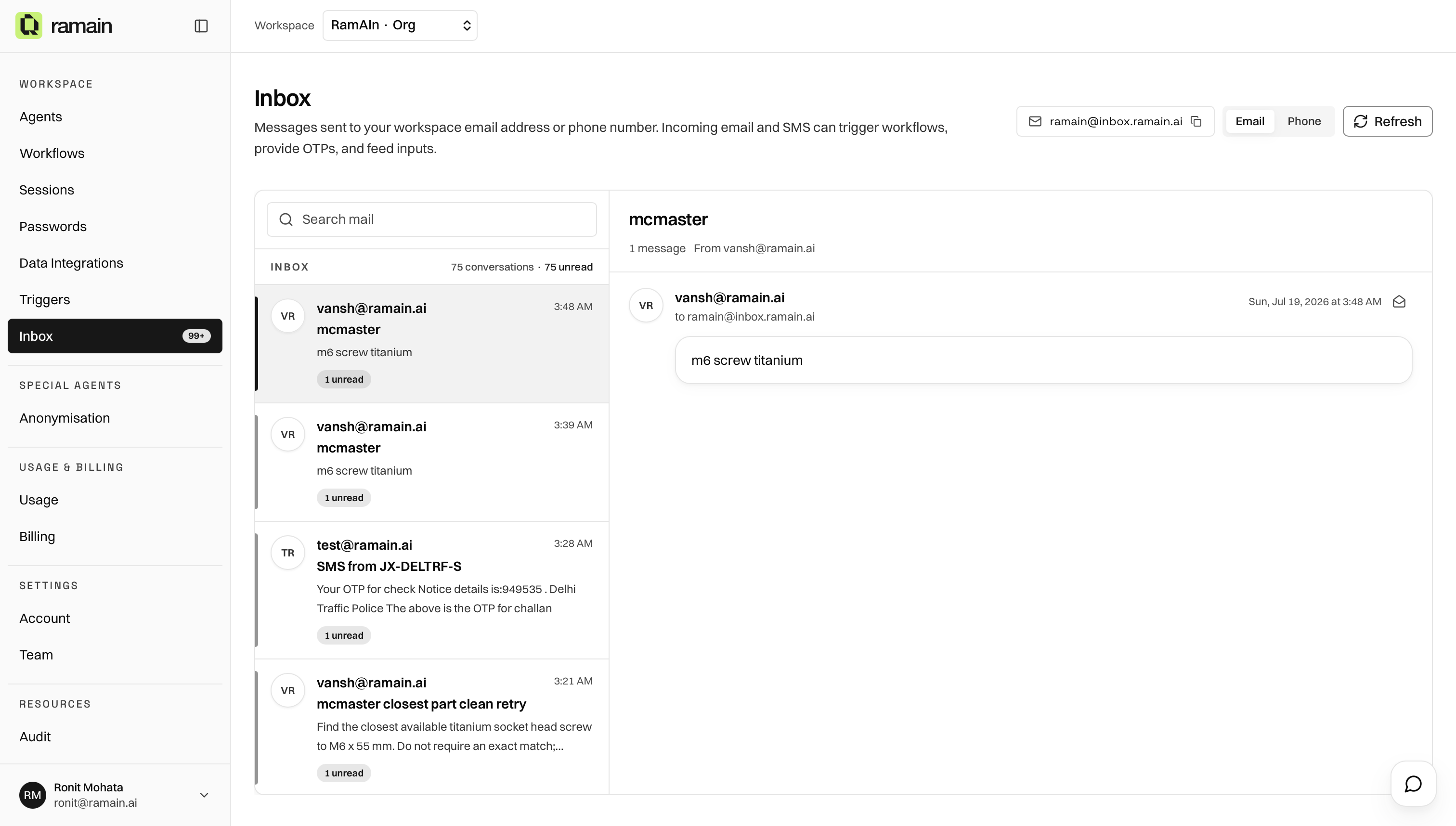 Ramain workspace inbox