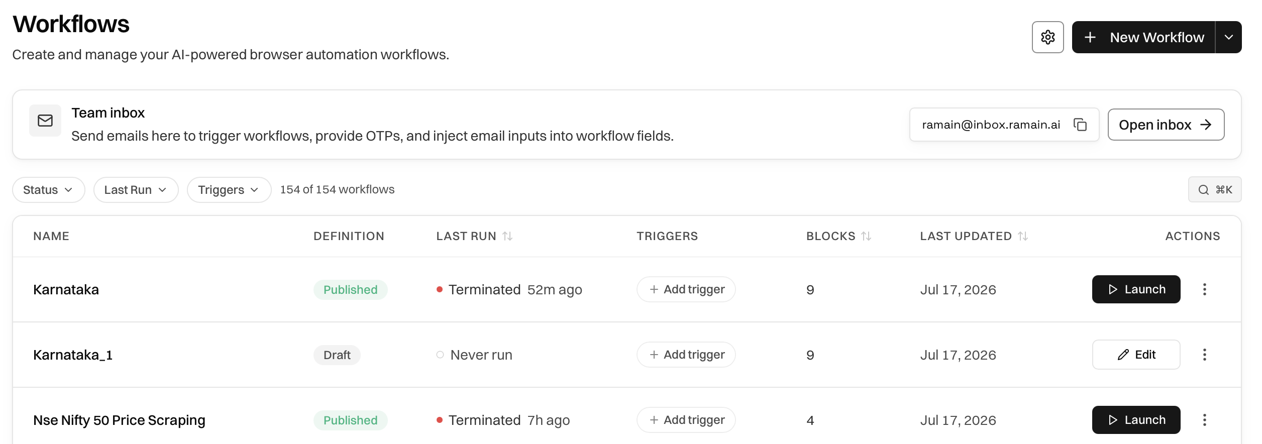 Creating a workflow from Workflows home