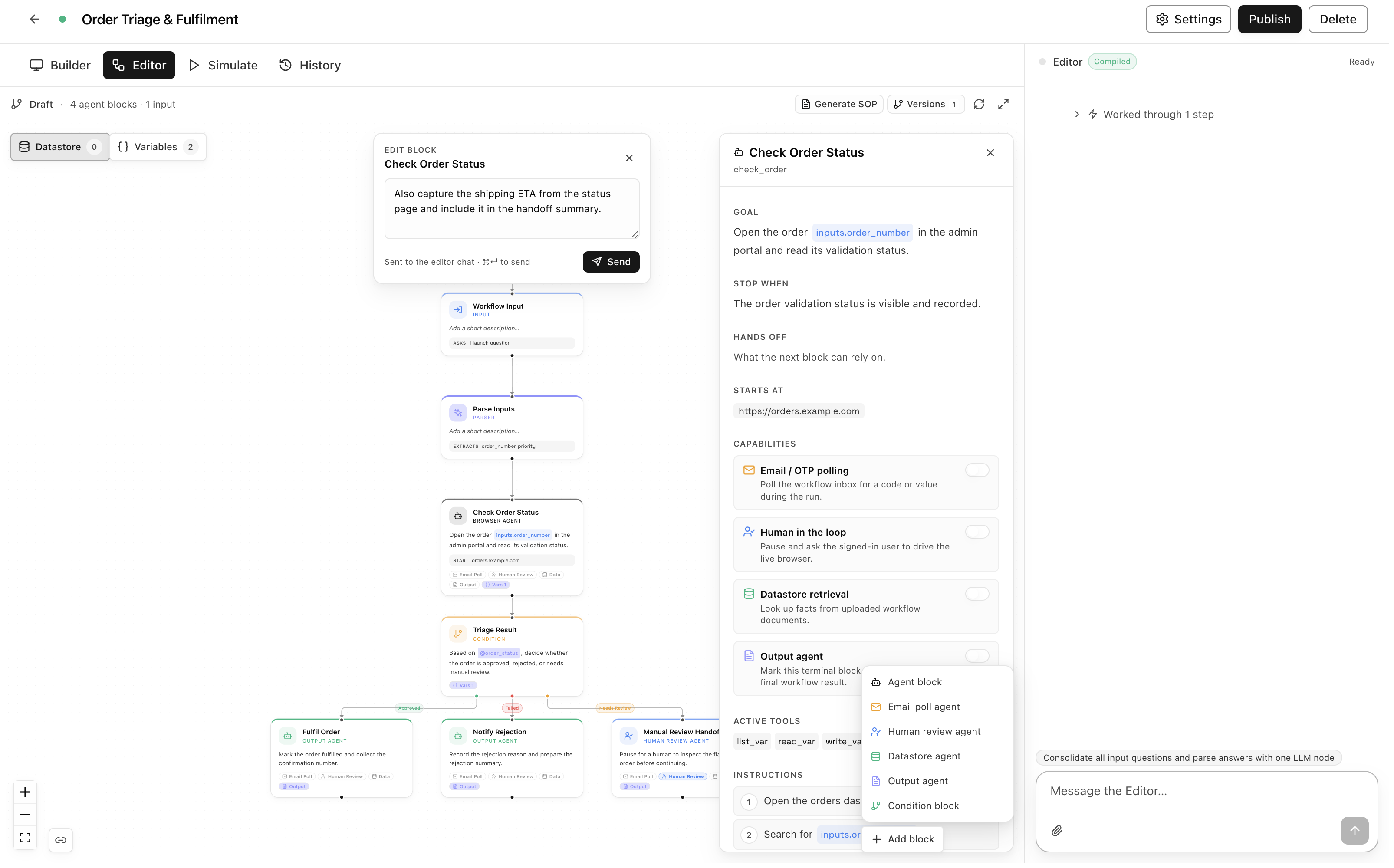 The Add block menu: agent, email poll, human review, datastore, output, and condition blocks