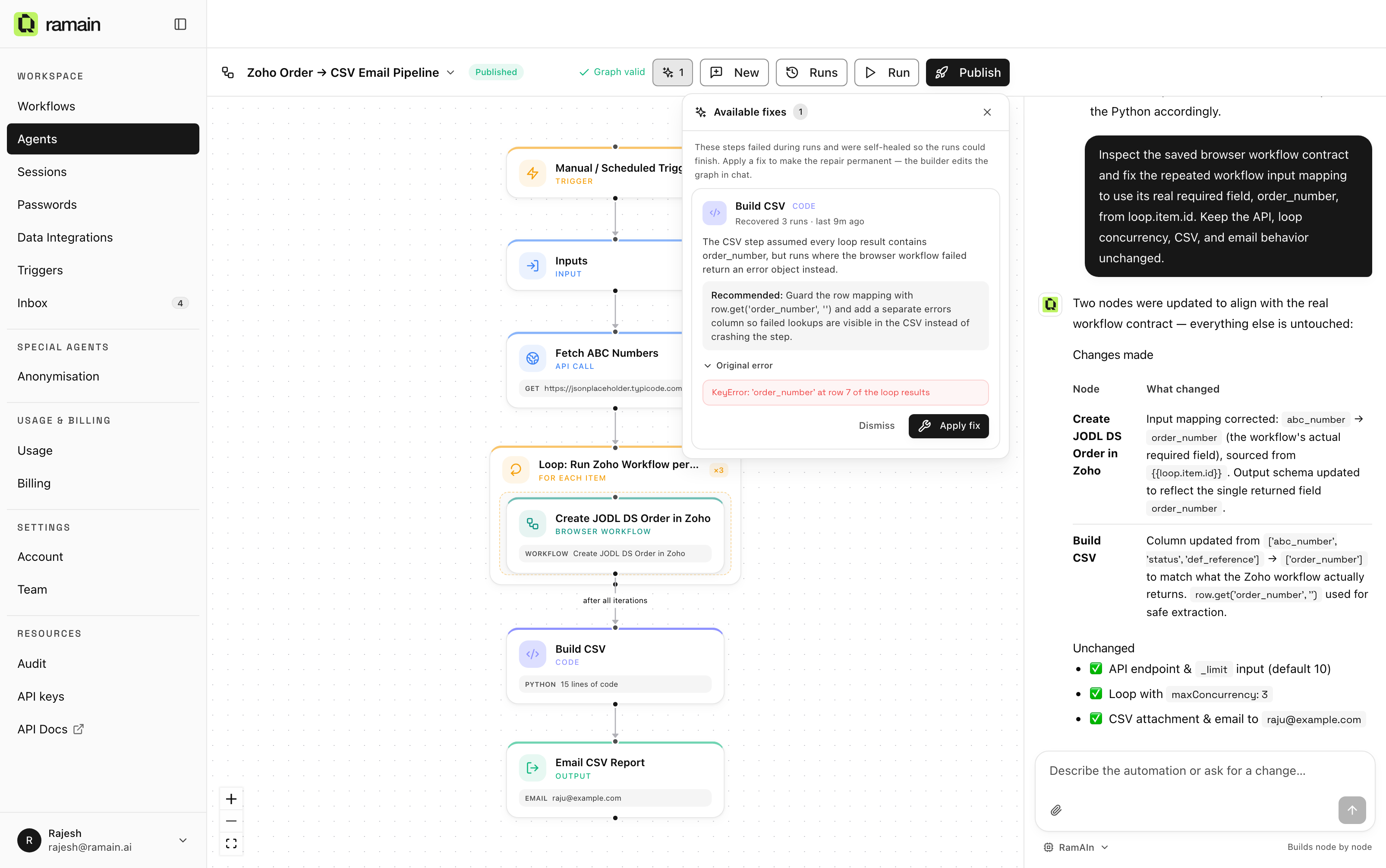 The Available fixes panel: the Build CSV step recovered across three runs, with the original error and a recommended permanent fix