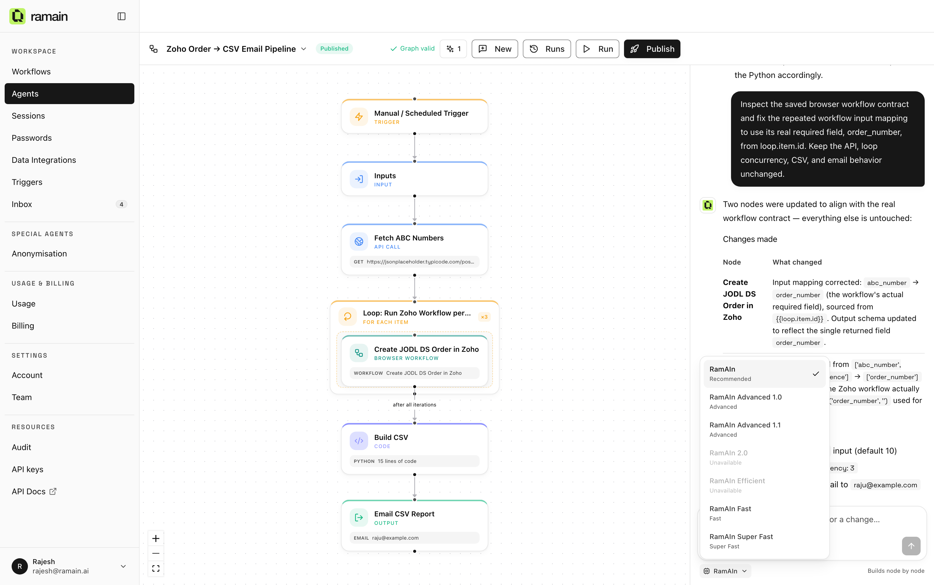 The builder model picker, with RamAIn tiers from Super Fast to Advanced