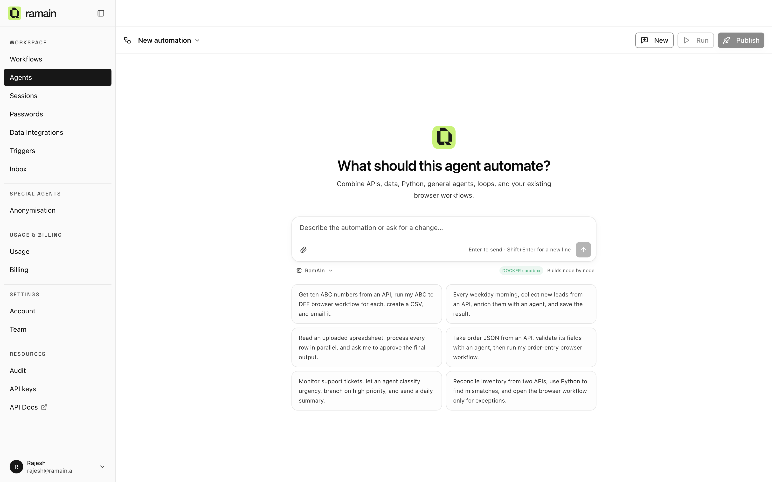 The Agents page. Describe the automation, and the builder assembles it node by node