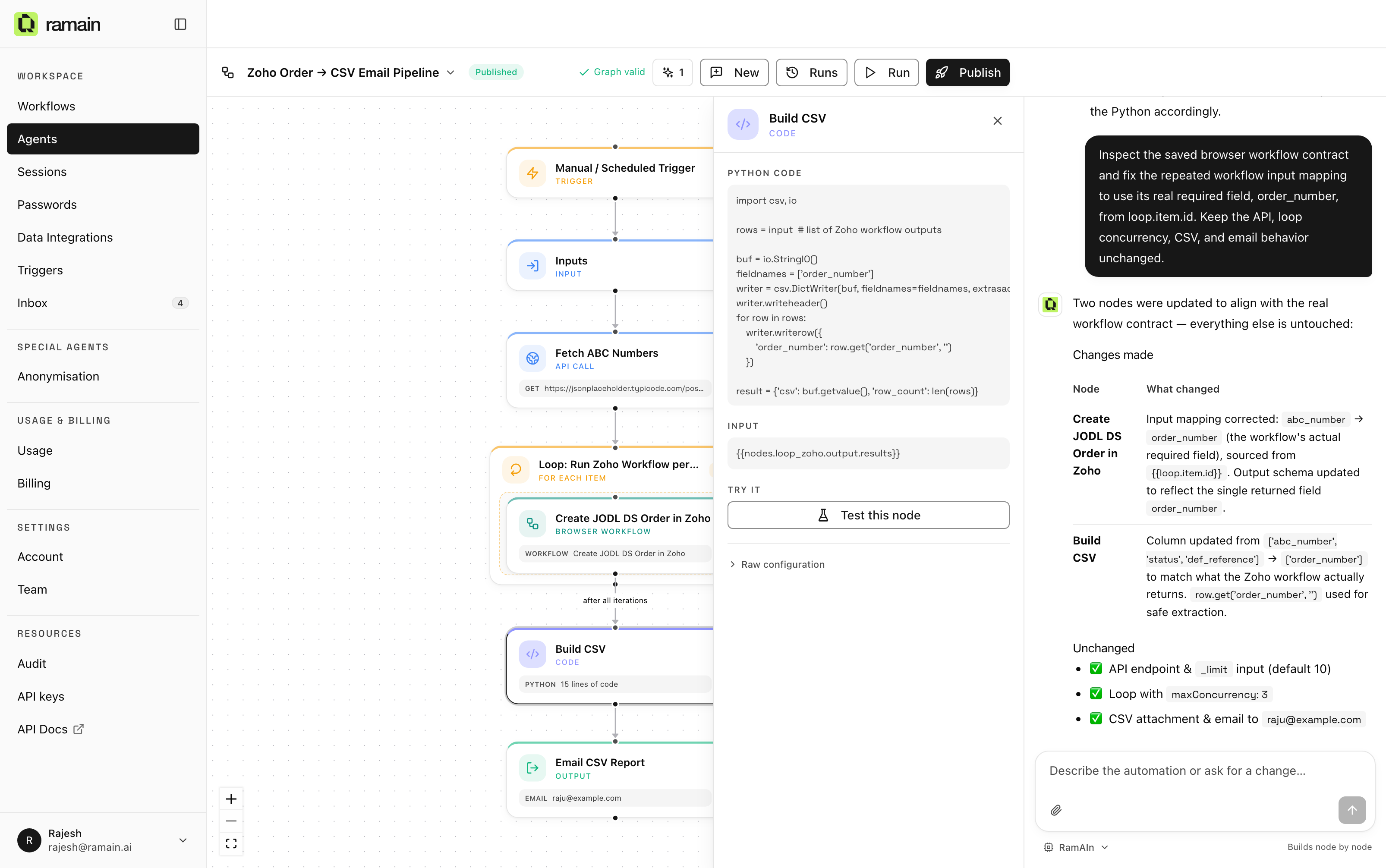 The node inspector for a Python code step: the code, its input mapping, and a Test this node button