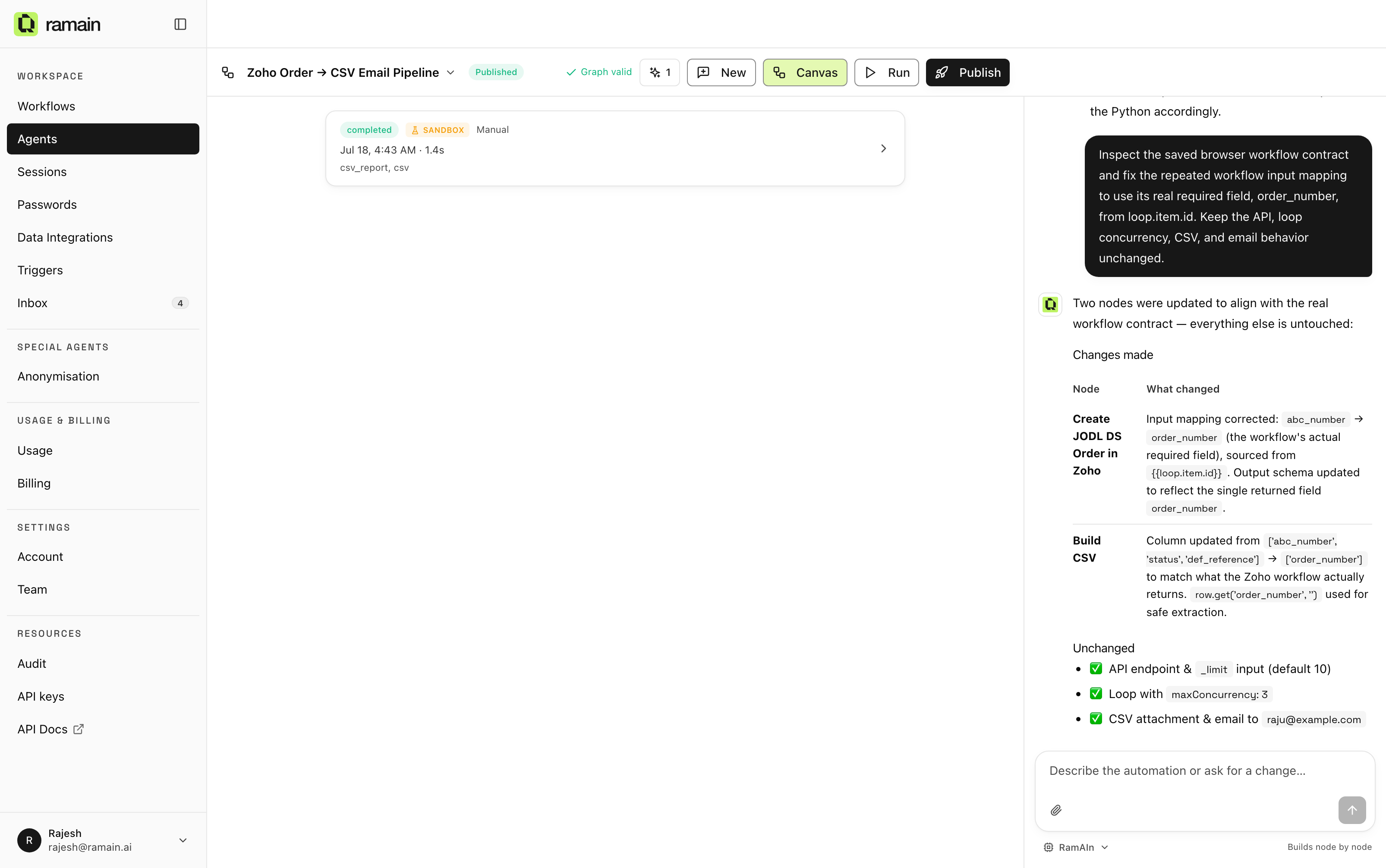 The Runs view: run history with status, sandbox tag, duration, and outputs