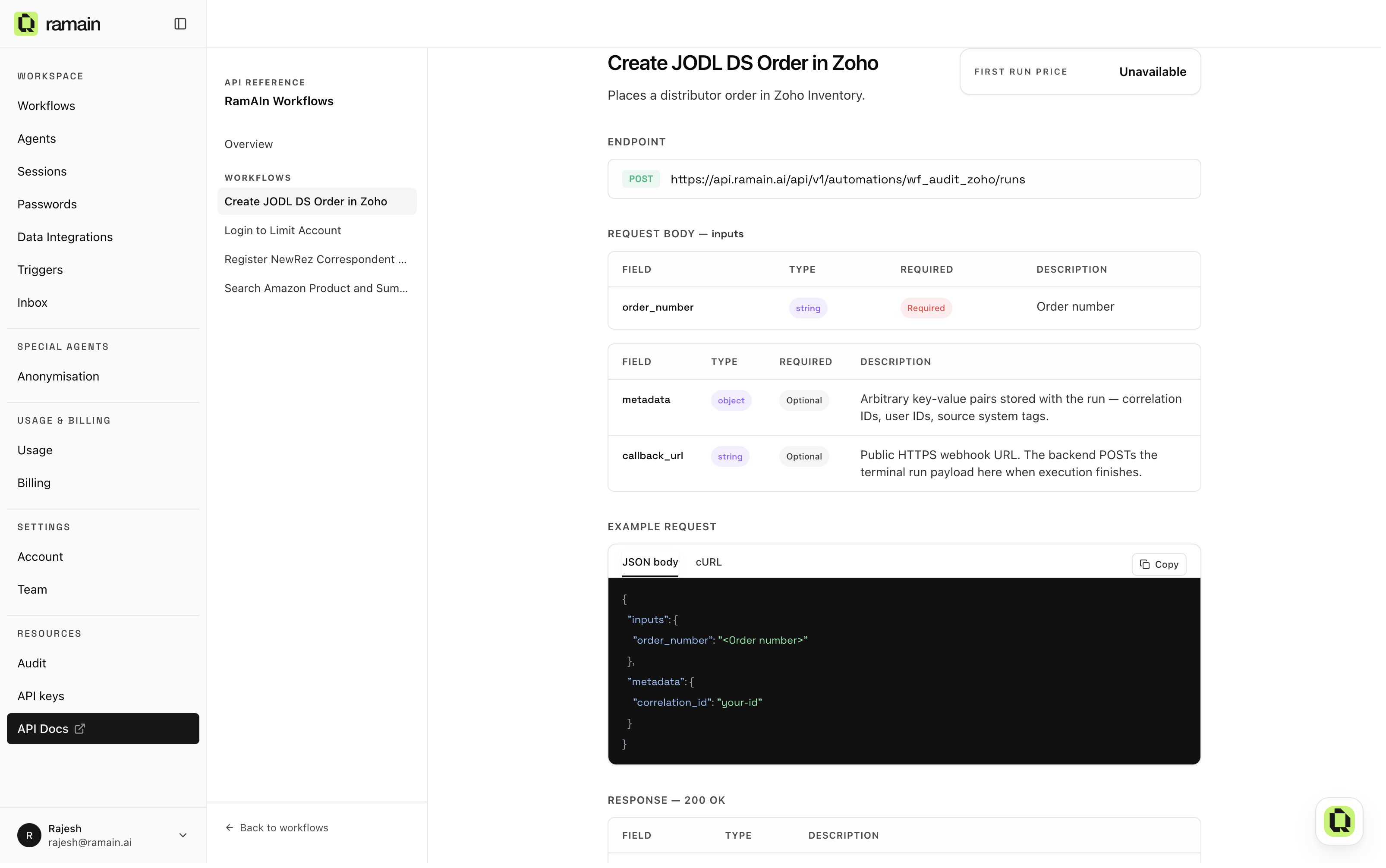 Per-workflow API docs: endpoint, input table, and copy-ready snippets
