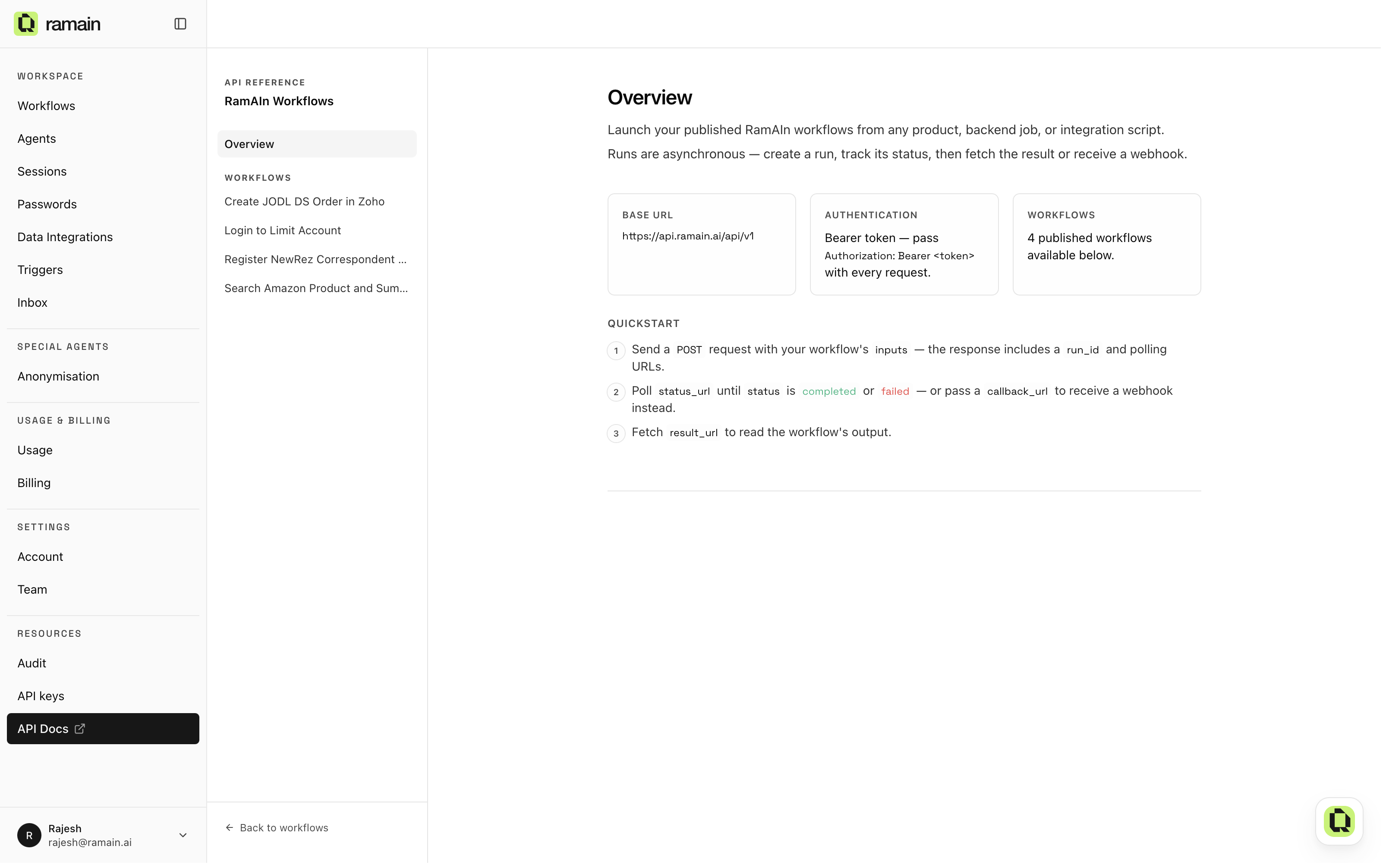 The in-portal API reference: base URL, authentication, and quickstart
