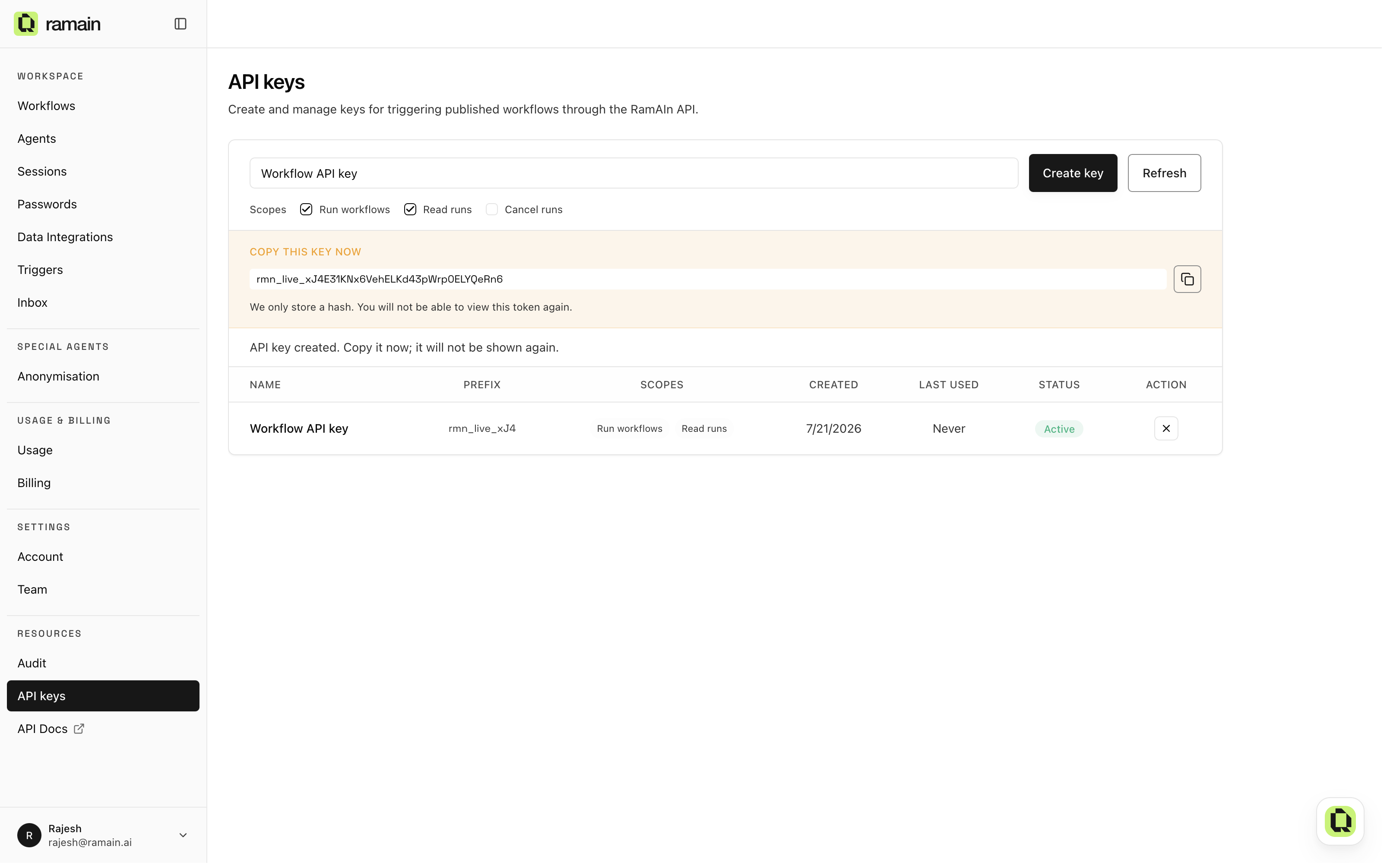 The API keys page: create scoped keys and manage existing ones
