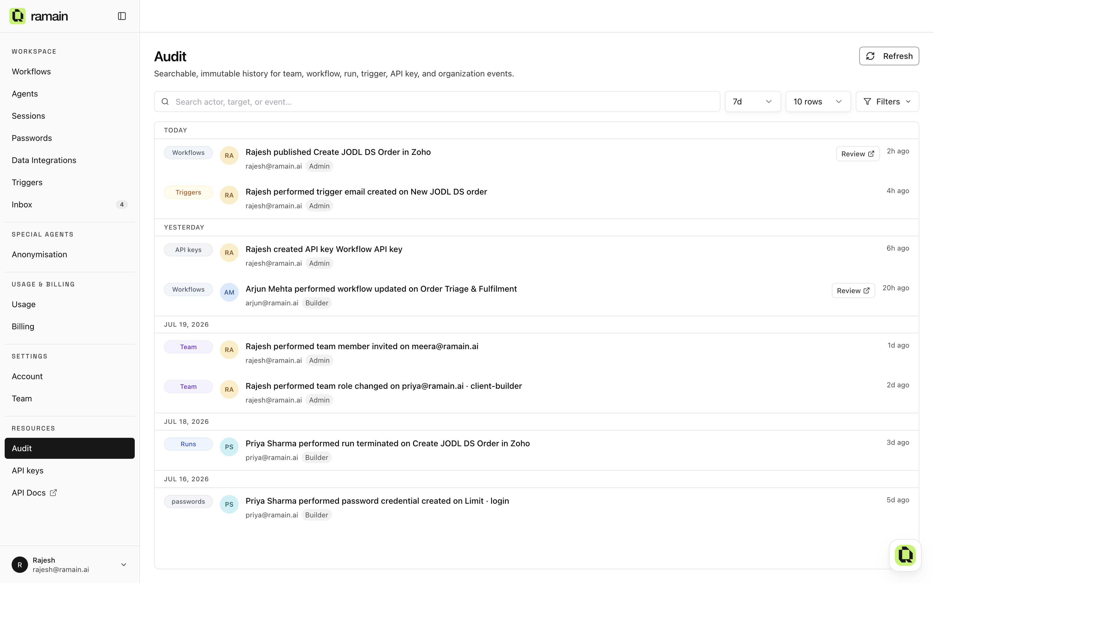 The Audit page: day-grouped events with category chips and actors
