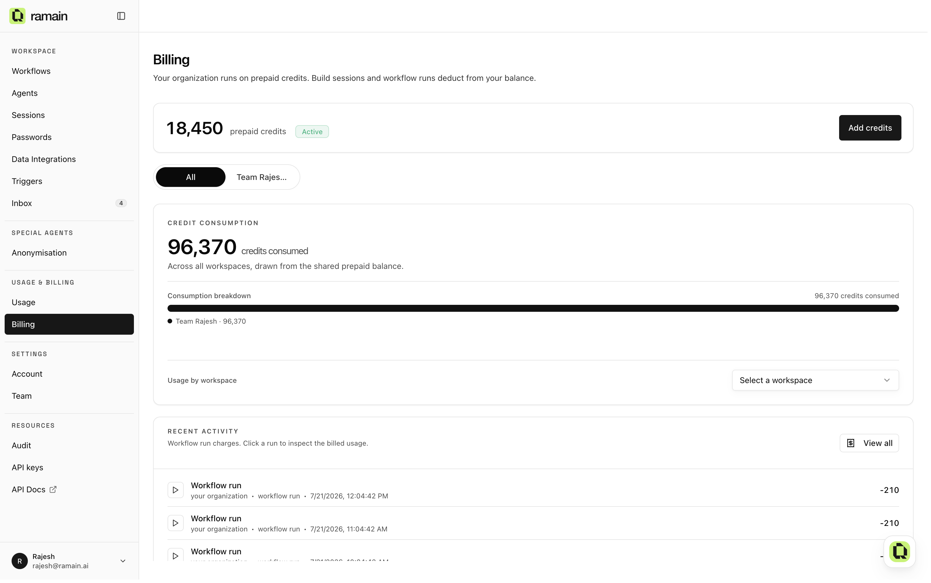 The Billing page: prepaid balance, top-ups, and recent charges