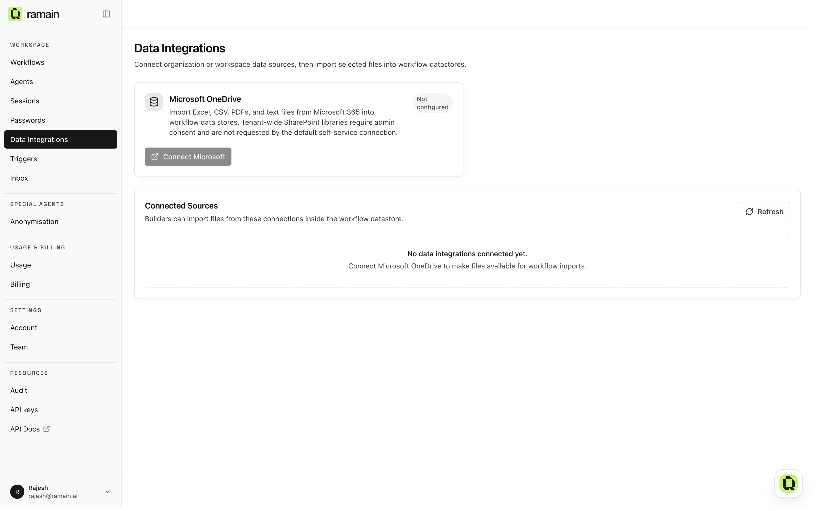 The Data Integrations page: connect sources and import files into workflow datastores