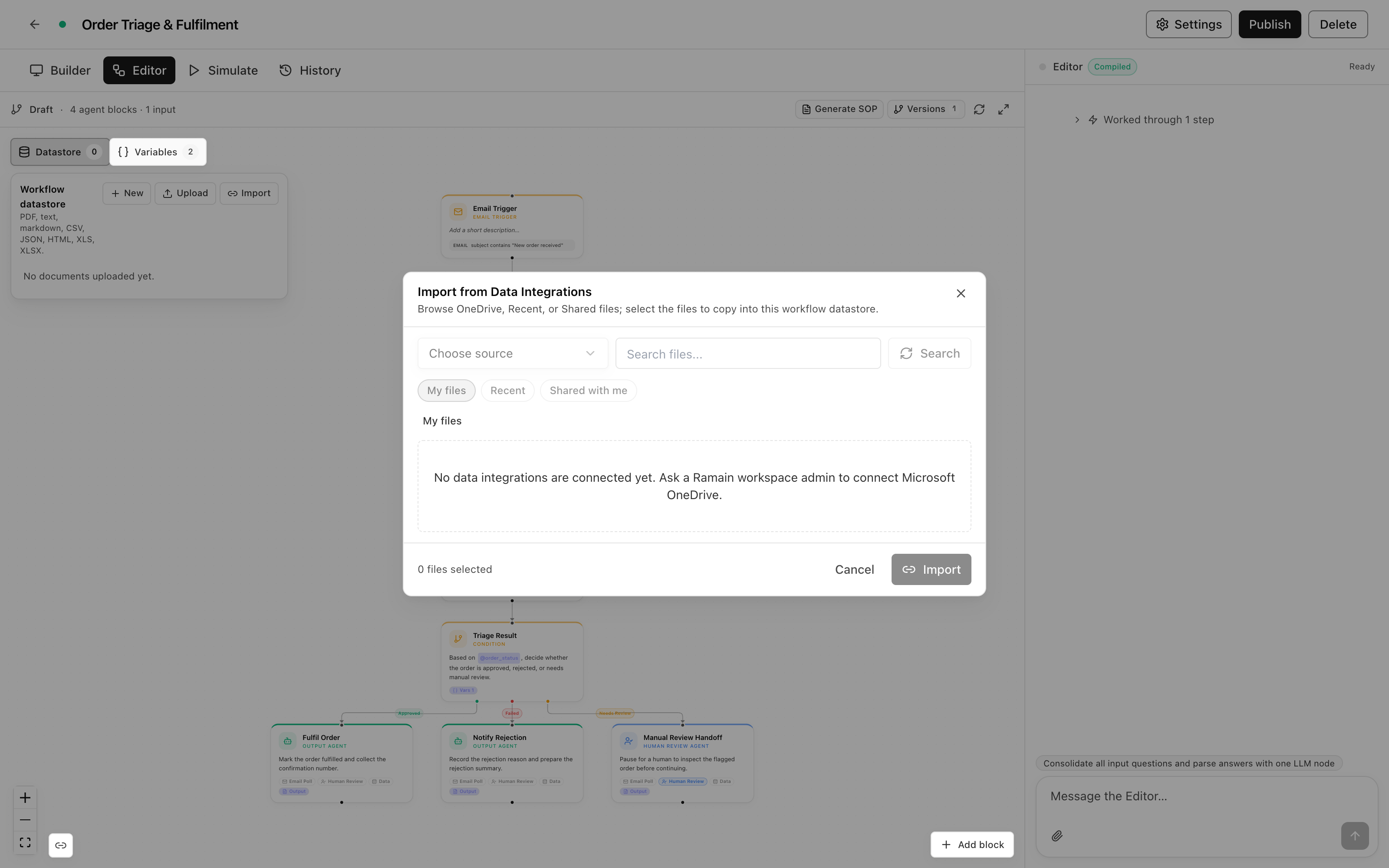 The Import dialog: browse a connected OneDrive and copy files into the workflow datastore