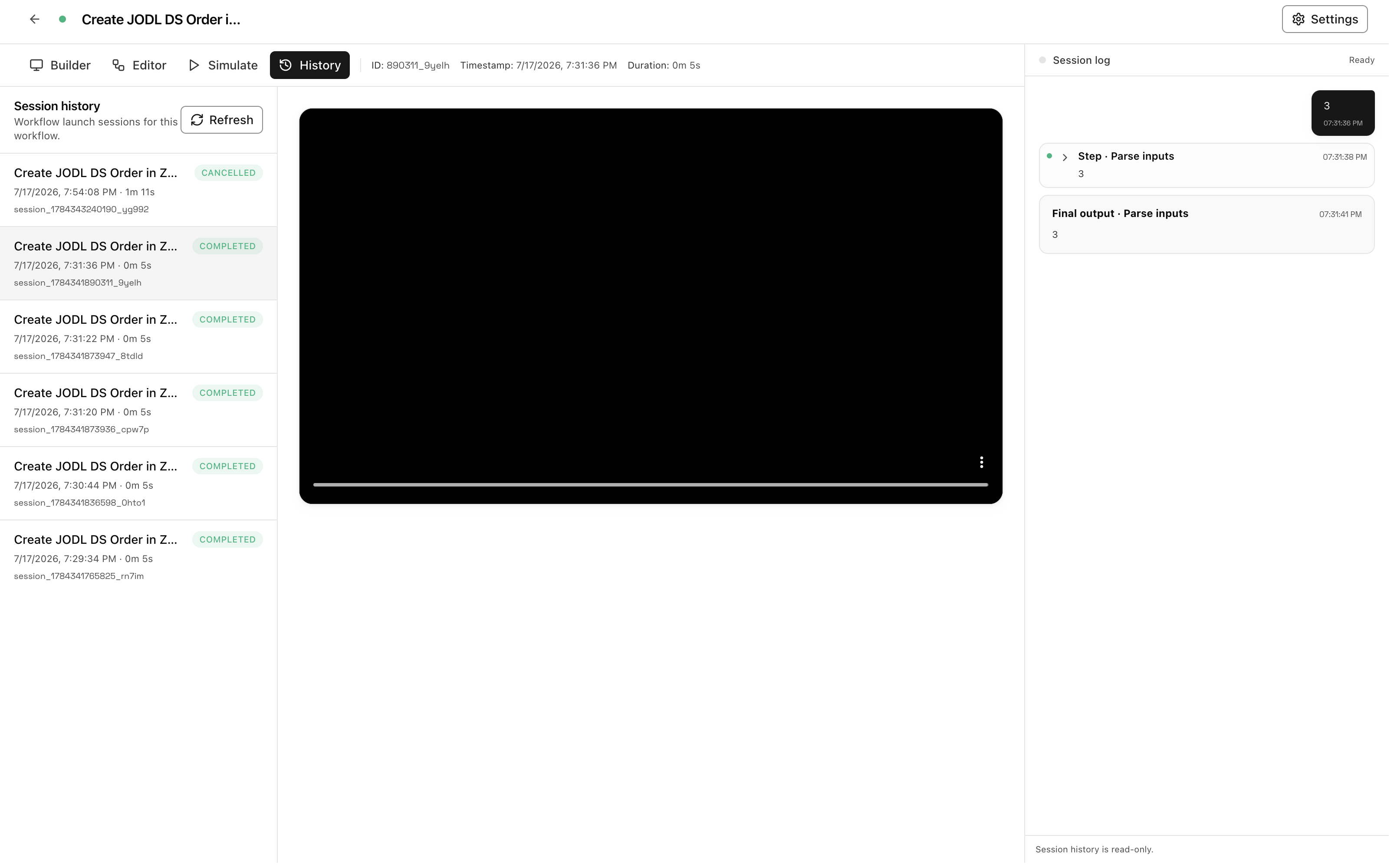 History: the session list, the recording player, and the read-only session log