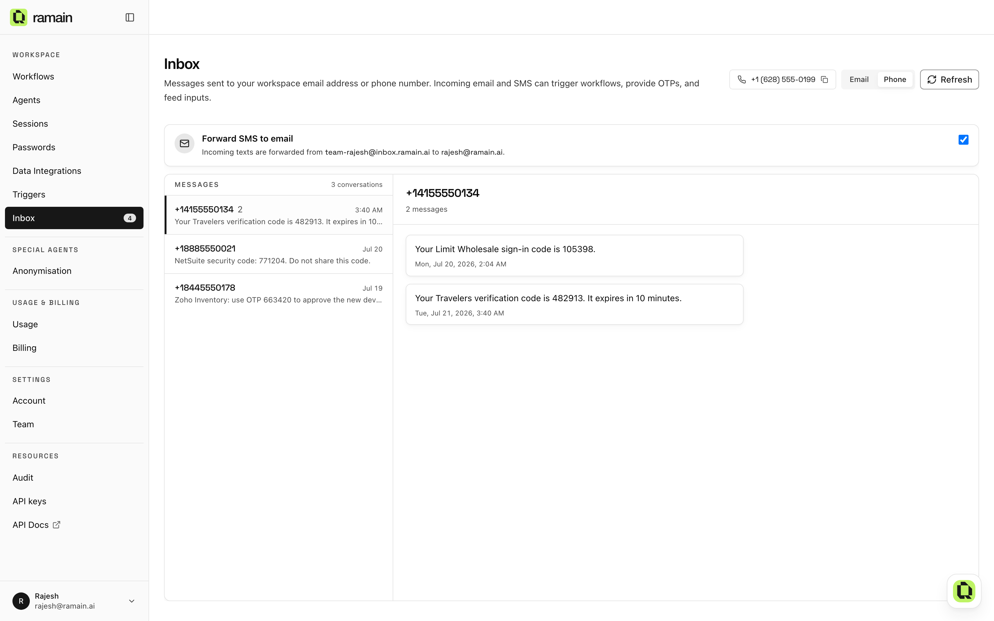 The Phone tab: the workspace number, incoming verification texts, and SMS-to-email forwarding