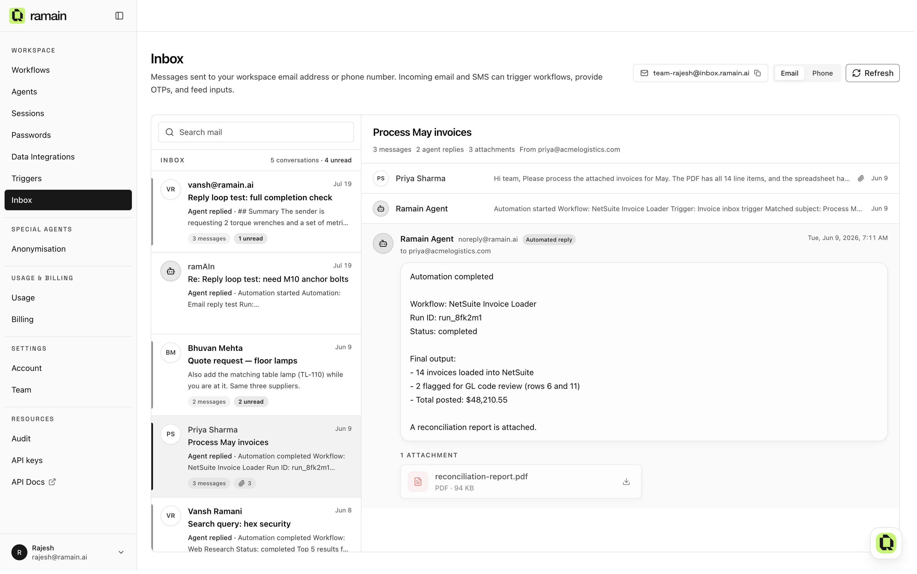 The Inbox, showing a triggered thread with the agent's completion reply and an attached report