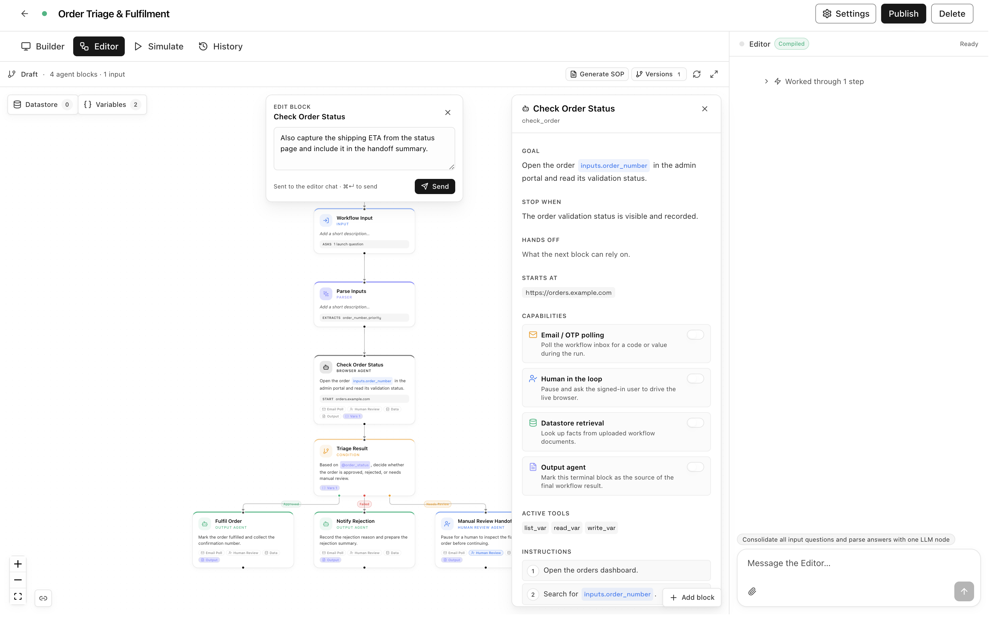 The node inspector and the Edit block popover: goal, stop condition, capabilities, and a comment on its way to the editor
