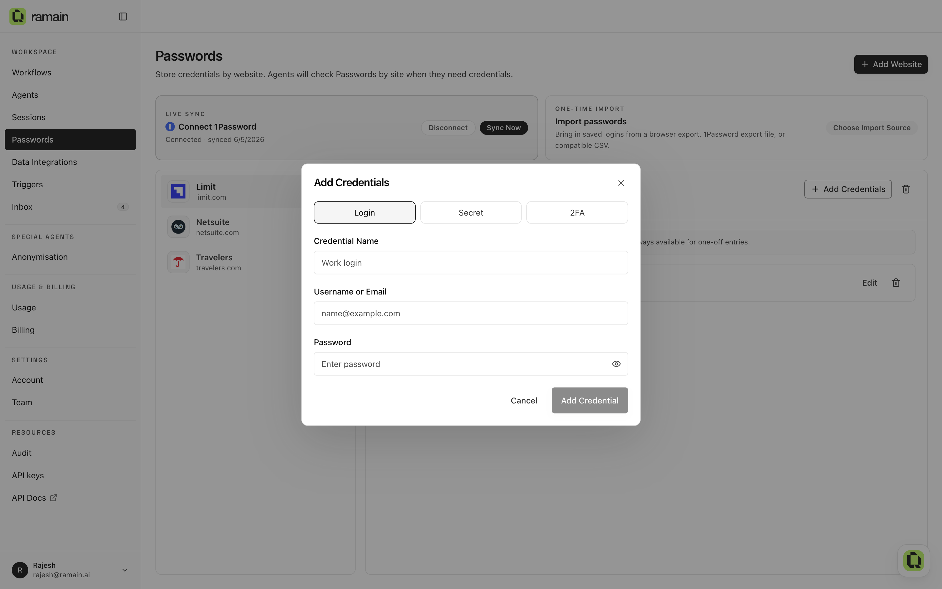 The Add Credentials dialog with Login, Secret, and 2FA tabs