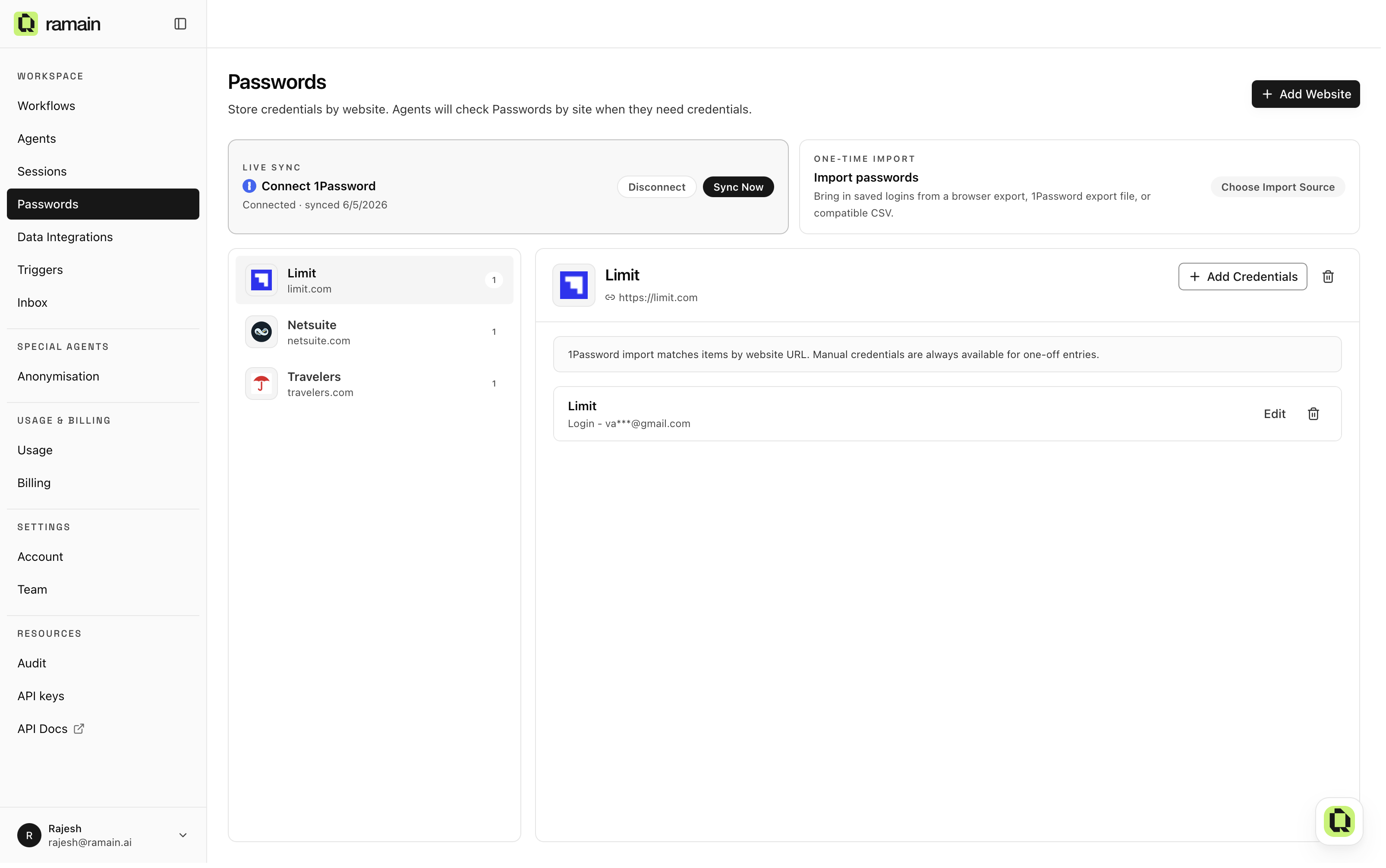The Passwords page: credentials organized by website, with 1Password sync and one-time import
