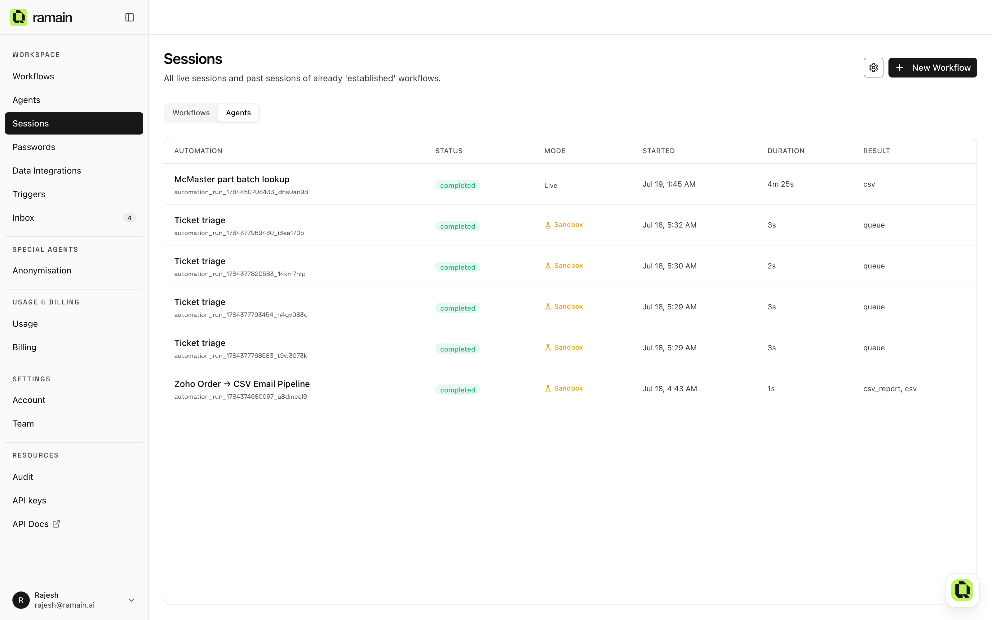The Agents tab of Sessions: automation runs with status, Sandbox or Live mode, and duration