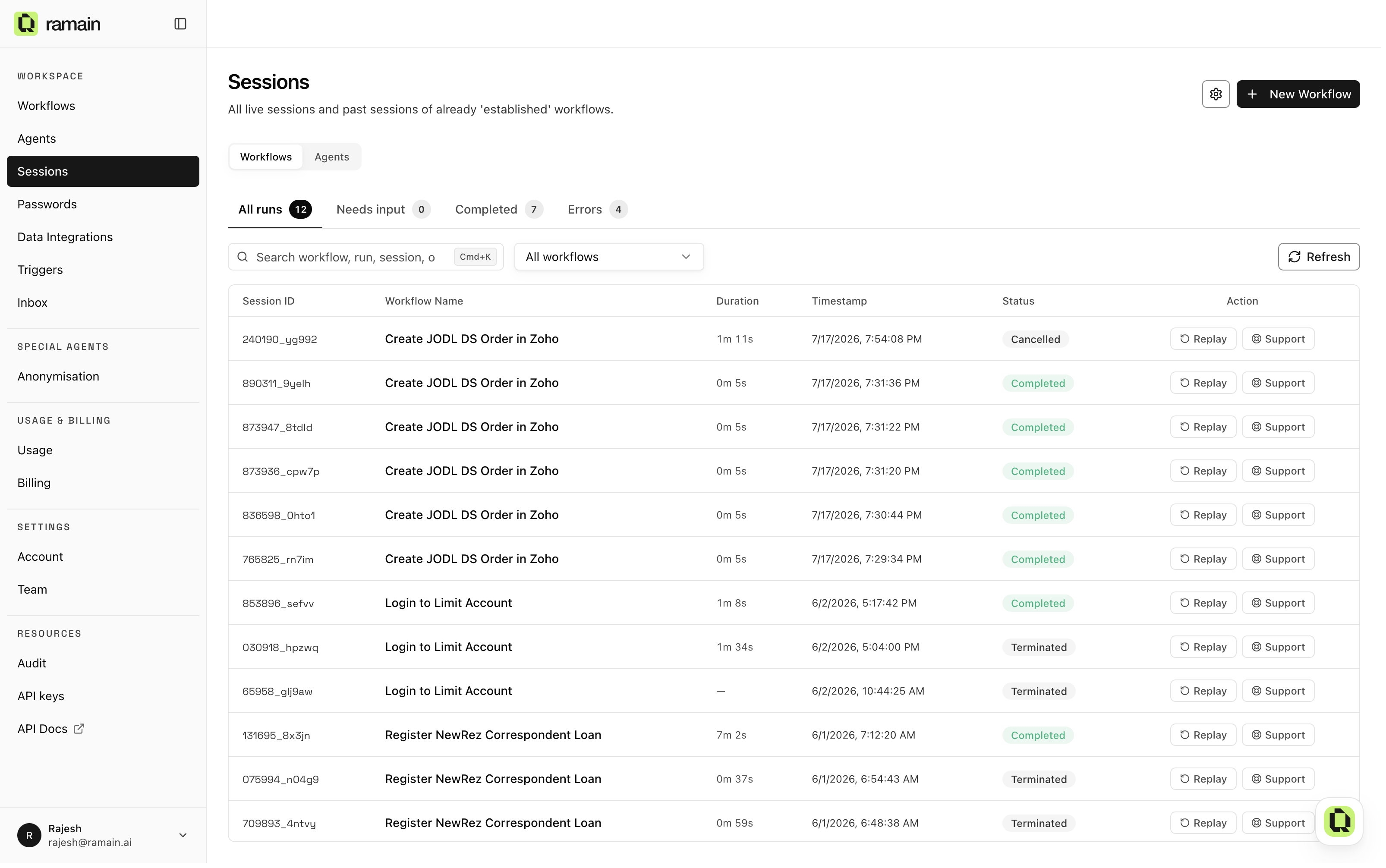 The Sessions page with filters, search, and every run with its status and actions
