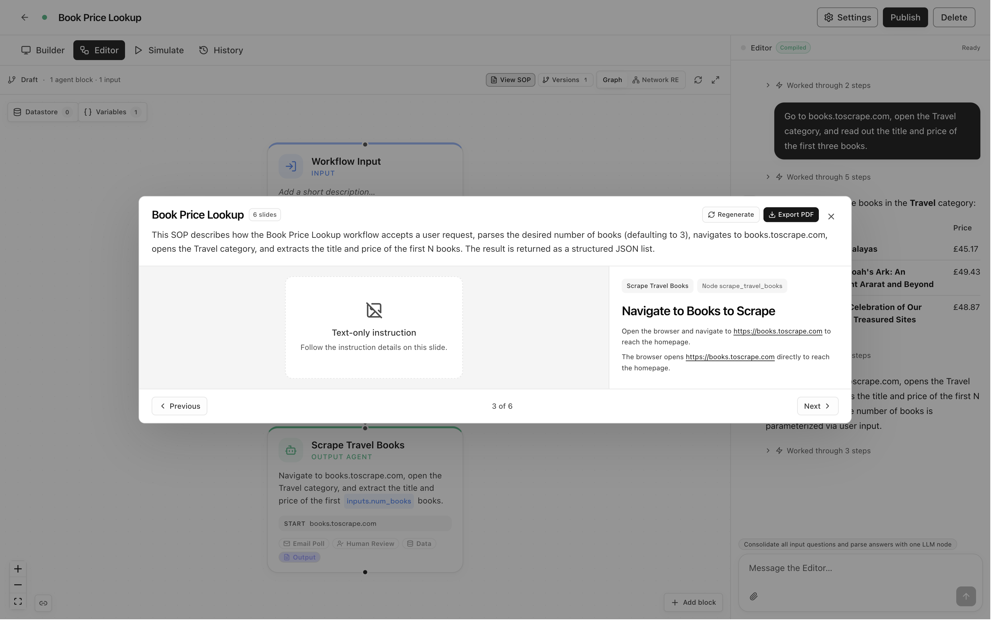 The SOP viewer, a six-slide walkthrough with instructions, navigation, Regenerate, and Export PDF