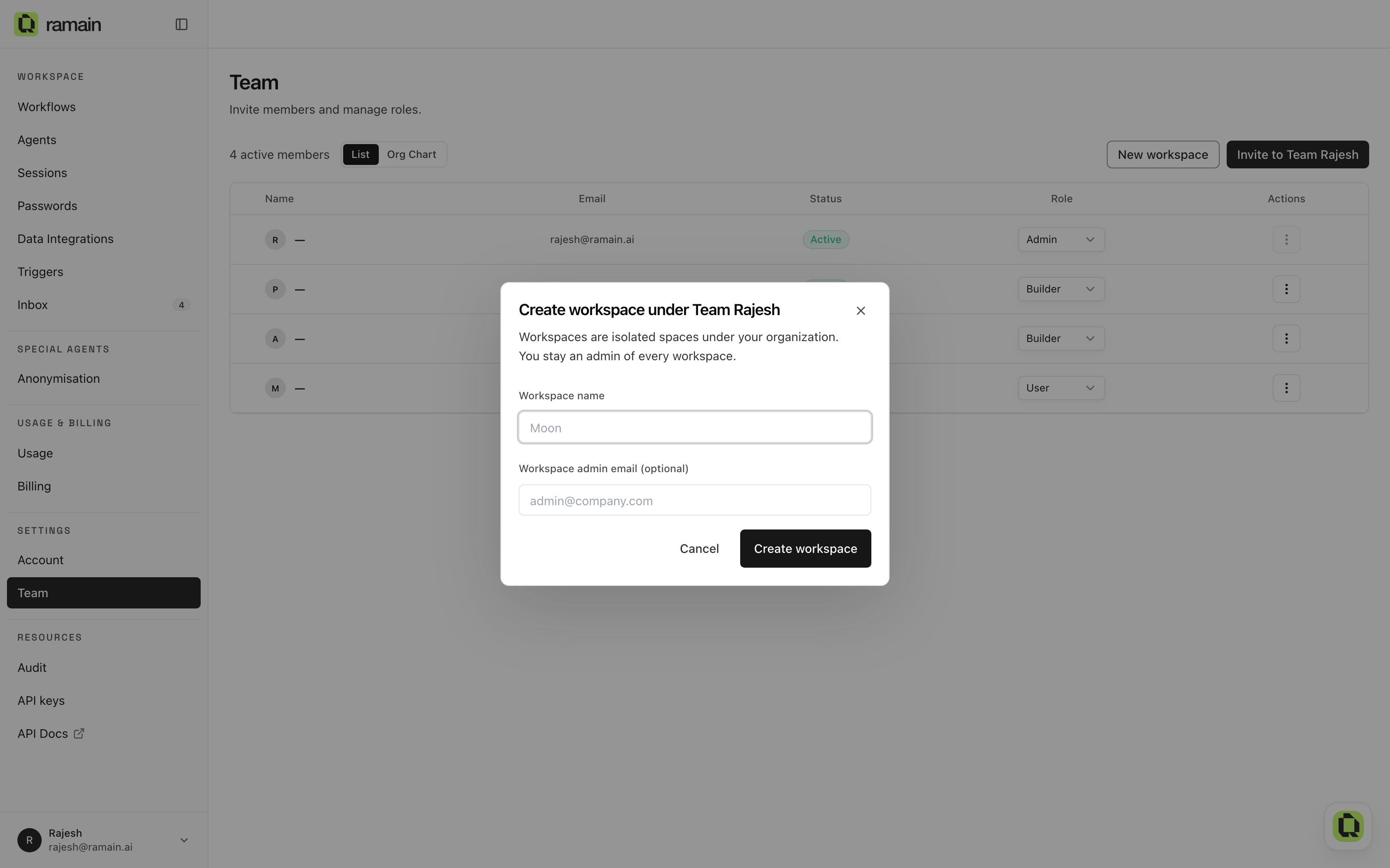 Creating a sub-organization from the Team page