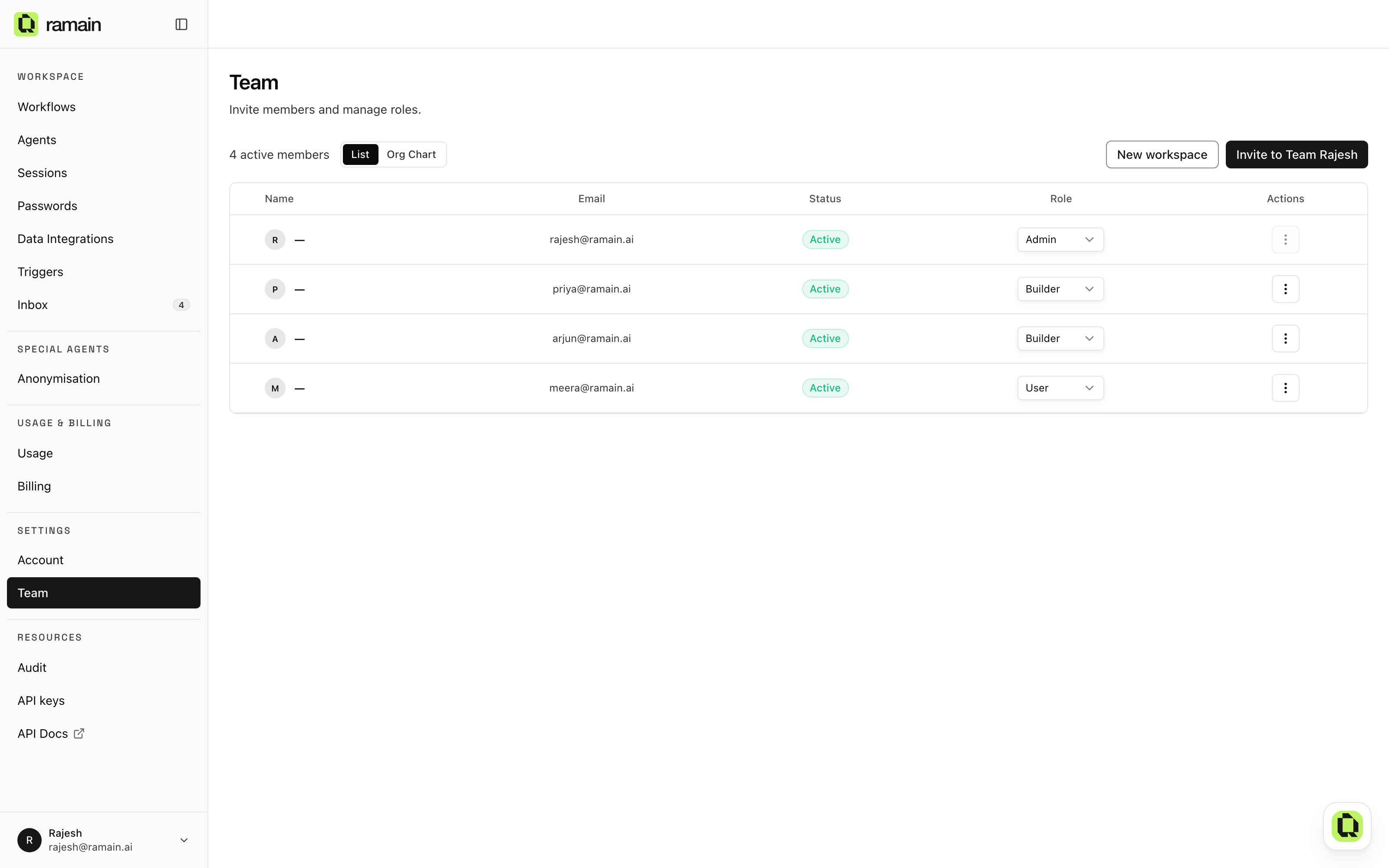 The Team page: the member list with each person's role