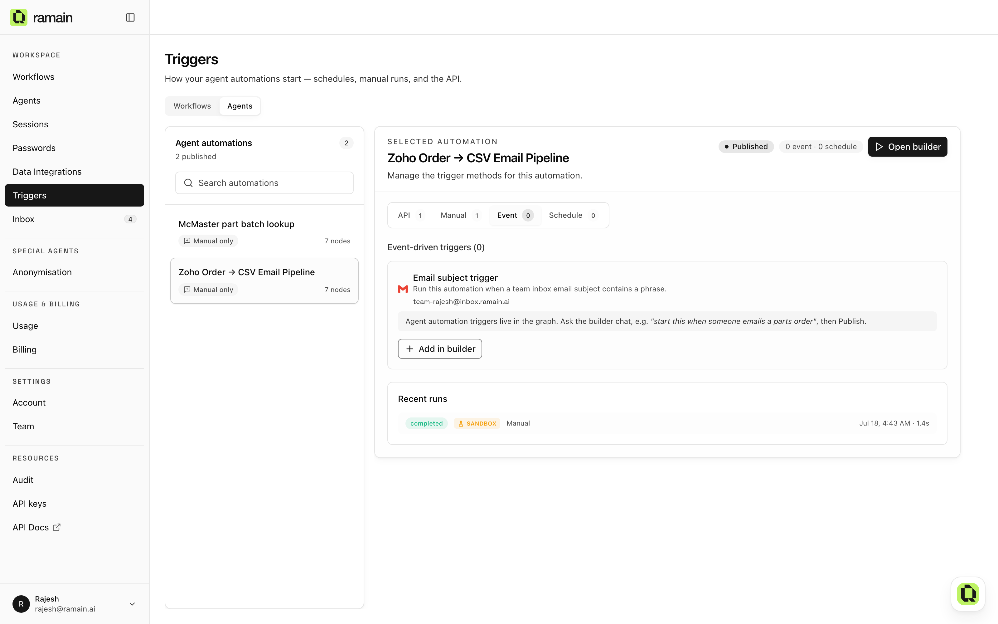 The Agents tab of the Triggers page, with the same four trigger surfaces per automation
