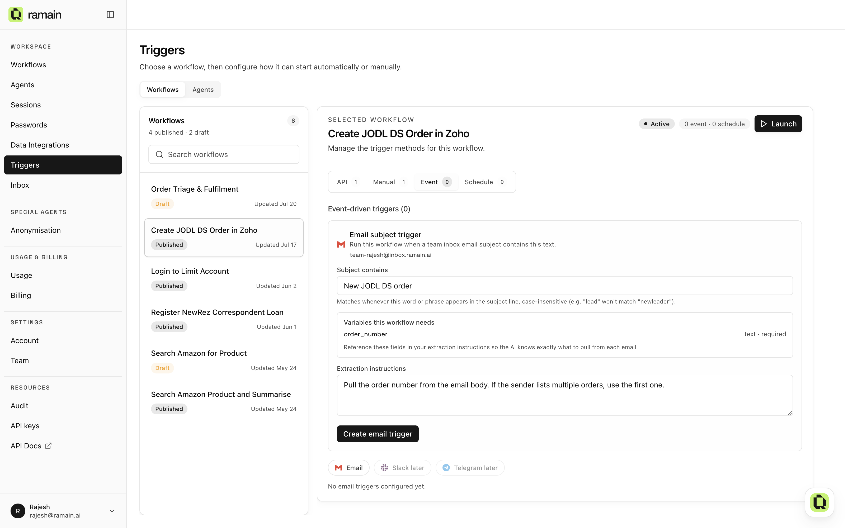 Setting up an email trigger with a subject match, required inputs, and extraction instructions