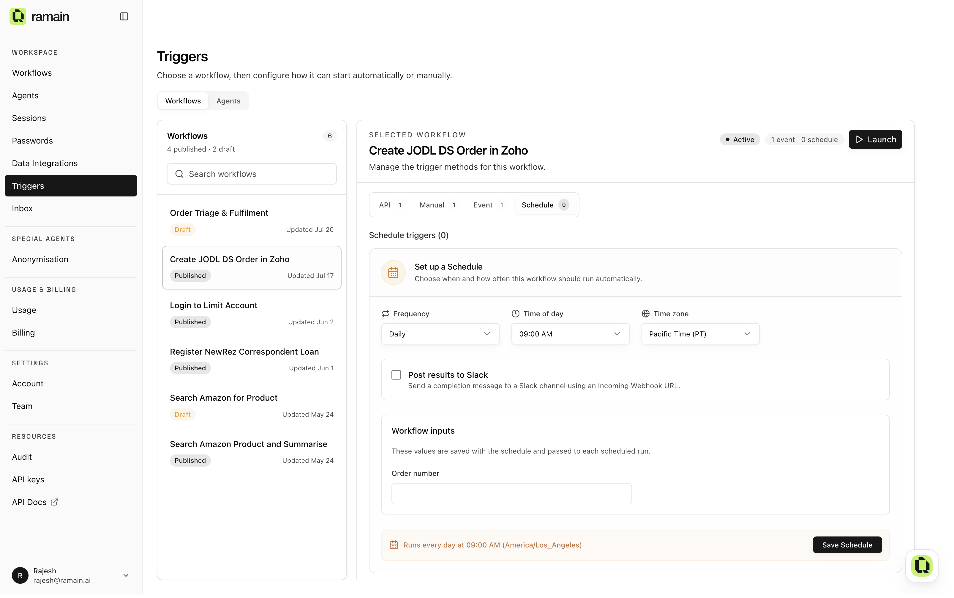 Setting up a schedule with frequency, time, timezone, saved inputs, and an optional Slack notification