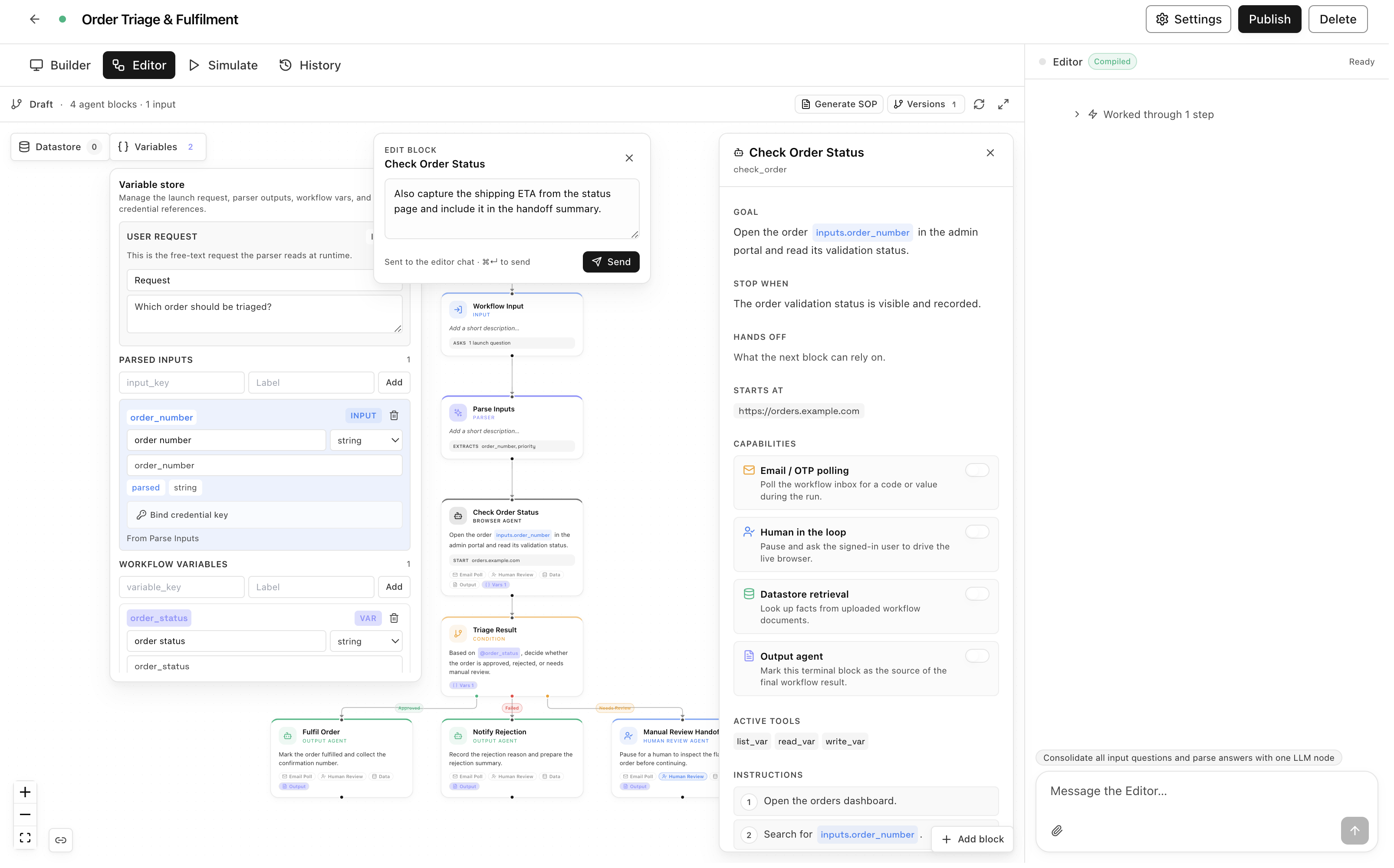 The variable store drawer: user request, parsed inputs, and workflow variables
