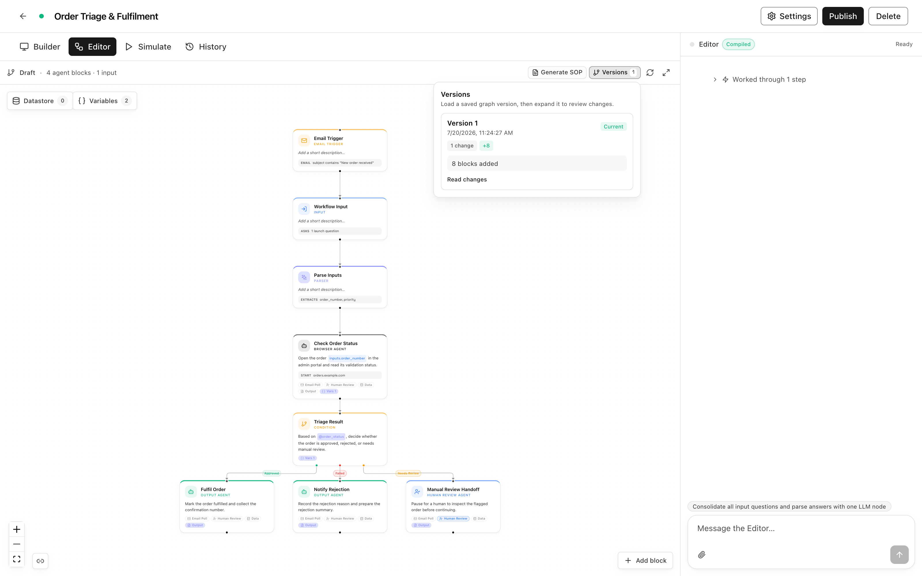 The Versions panel open above the Order Triage & Fulfilment canvas