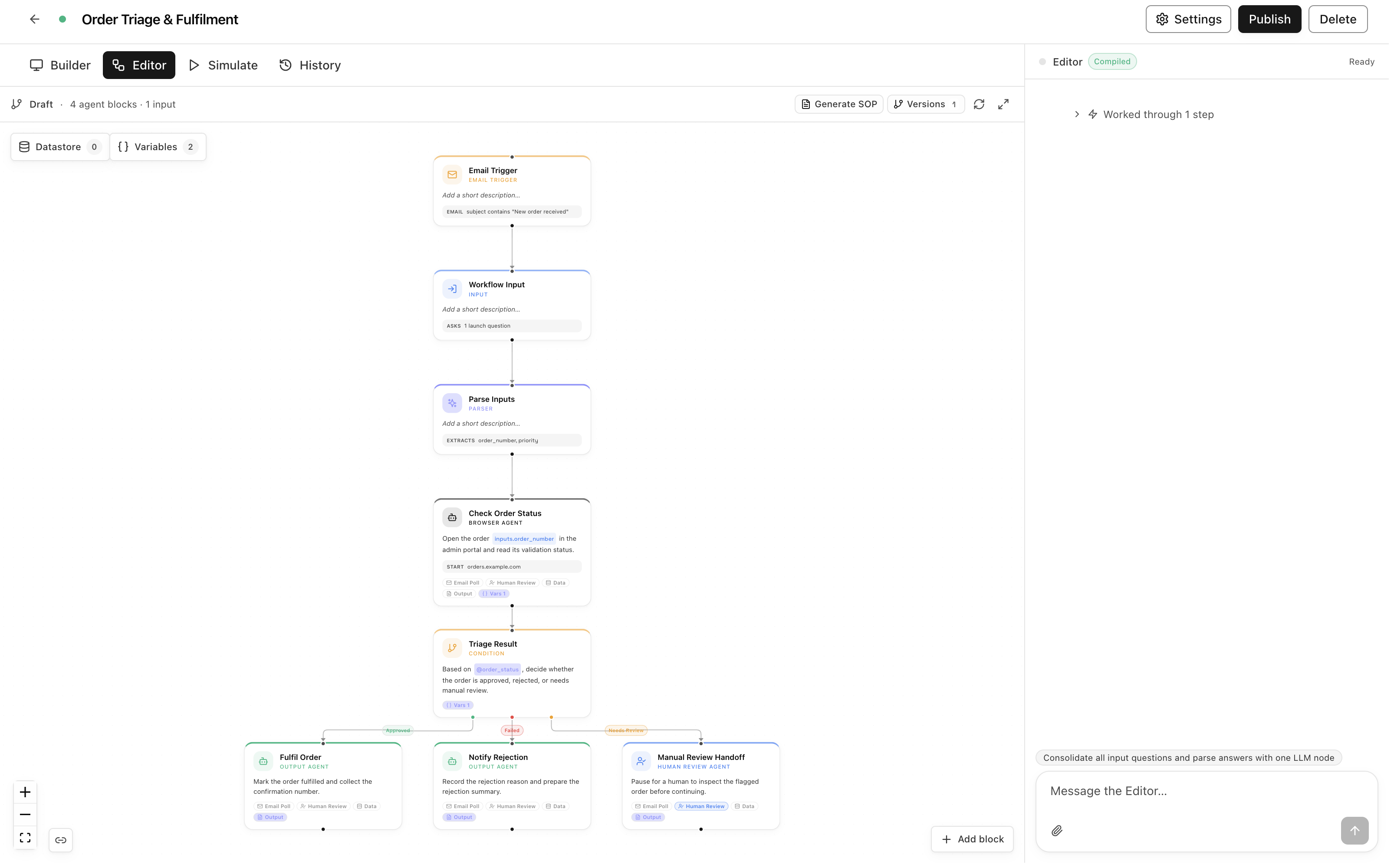 A compiled workflow: trigger, inputs, agents, and a three-way condition on one canvas