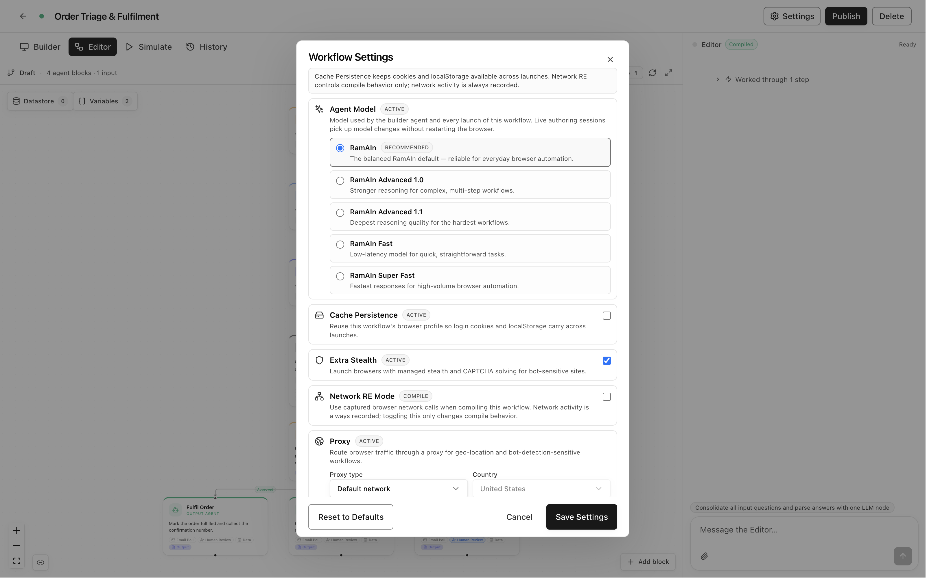 Workflow Settings: agent model tiers, cache persistence, stealth, network mode, and proxy