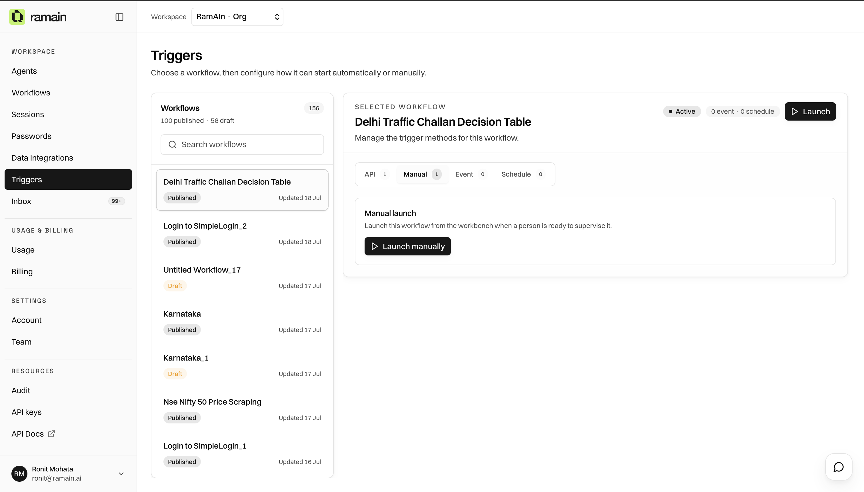 Manual workflow launch controls