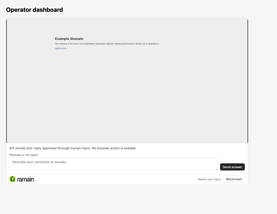 embedded viewer showing a live page, human checkpoint instructions, and Send answer
