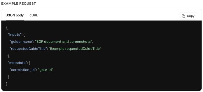 Generated JSON request example with the workflow's declared input fields