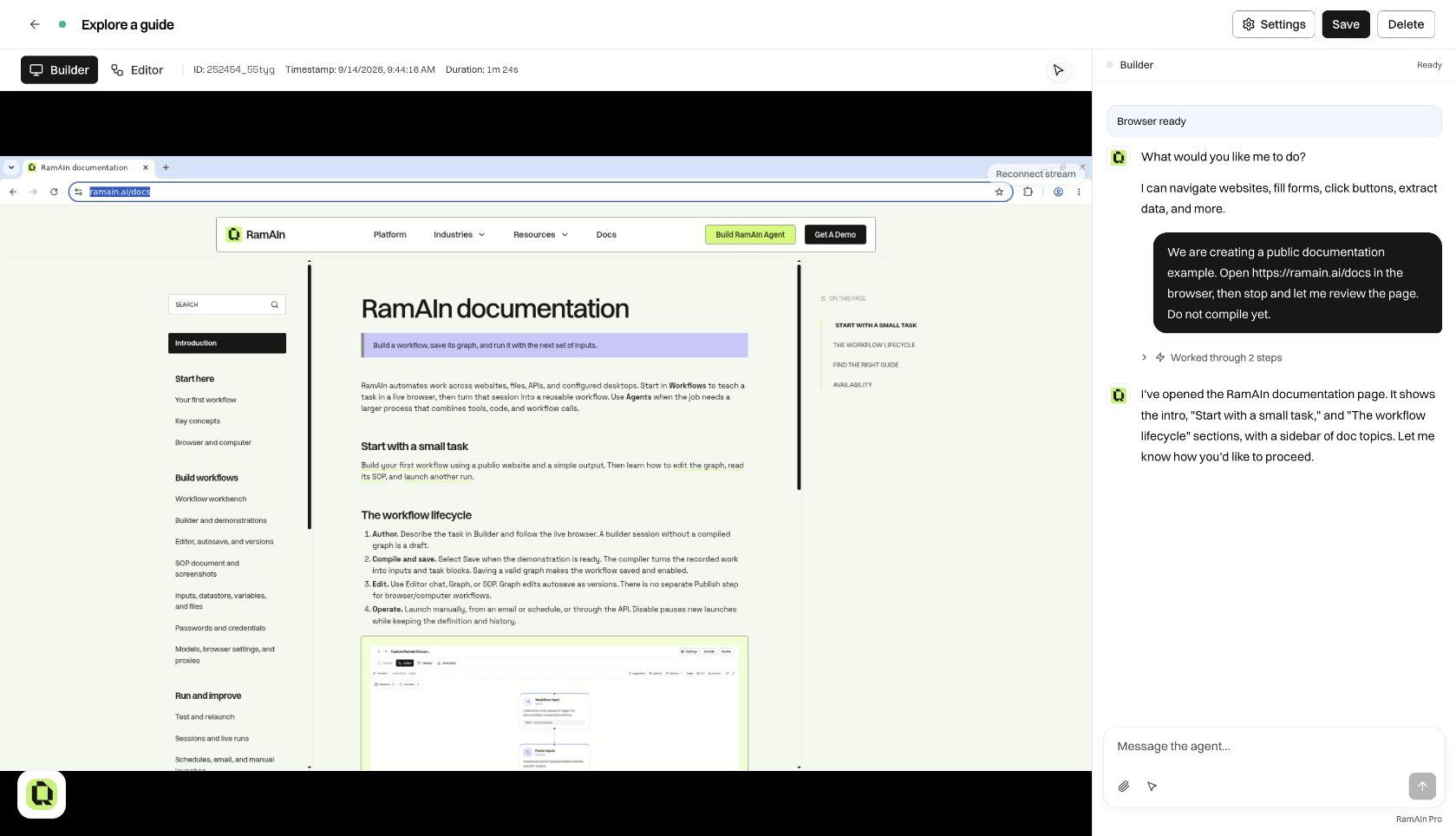 workbench showing the documentation site inside the agent's live cloud browser and its conversation on the right