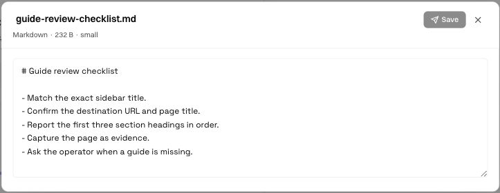 The saved guide-review-checklist.md document open in the datastore viewer