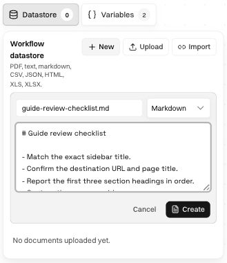 Creating guide-review-checklist.md in the Workflow datastore, with format, text, and Create controls