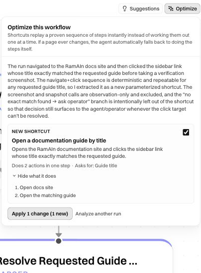 A real shortcut proposal named Open a documentation guide by title, expanded to show its two actions