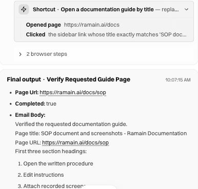 The subsequent run's shortcut entry showing the opened page and matching-guide click, followed by the final result
