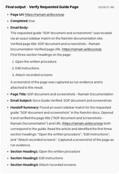 Actual guide-review output in the portal's session log, including the verified page and headings