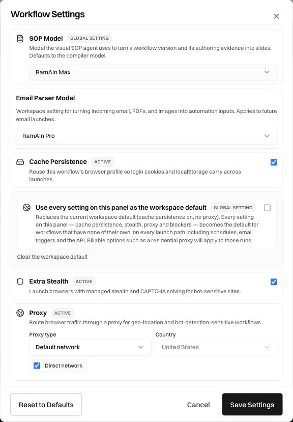 Lower workflow settings with Cache Persistence, the workspace-default control, Extra Stealth, and Default network selected