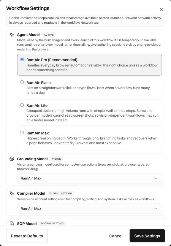Workflow Settings showing the four agent model choices, Grounding Model, and the global Compiler Model