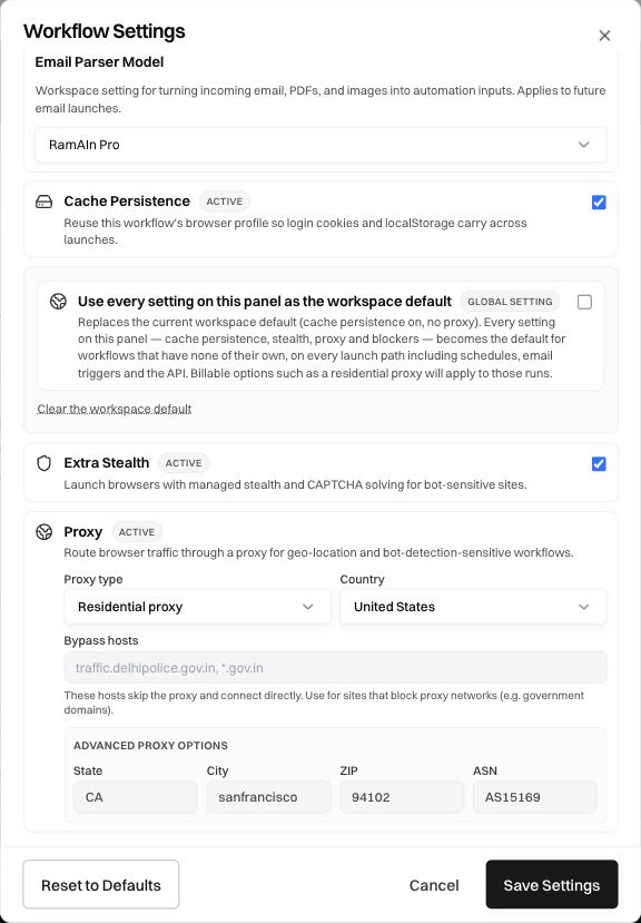 Residential proxy configuration showing Country, Bypass hosts, and advanced State, City, ZIP, and ASN fields