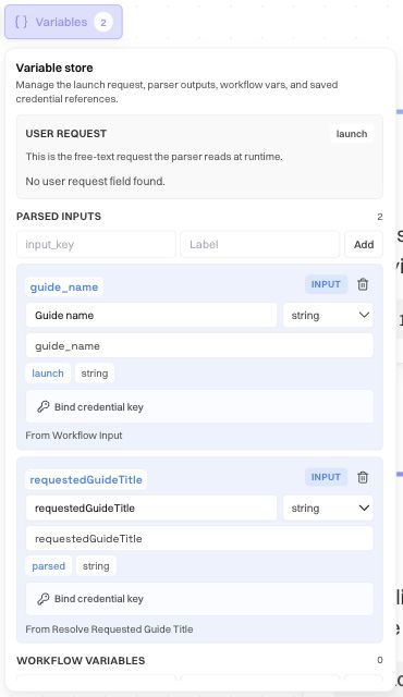 Variable store showing guide_name as a launch input and requestedGuideTitle as a parsed input, with types, labels, and source blocks
