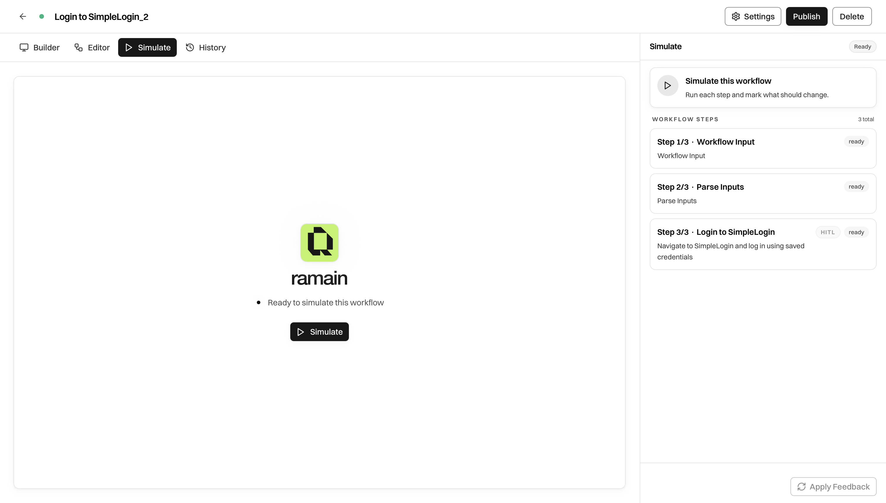 Ramain workflow simulation interface
