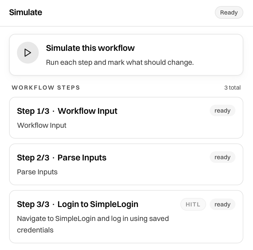 Simulation workflow step list